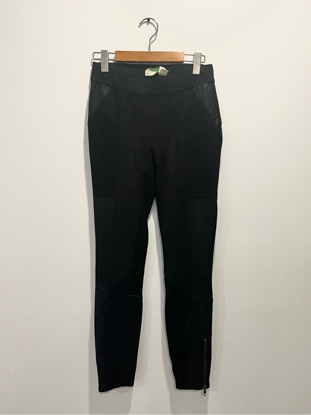 Anthropologie Black Velvet Faux Leather Moto Pull On Pants Ankle Zip Leggings 25
